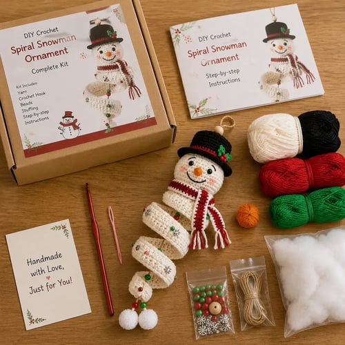 Crochet Snowman Spiral Ornament DIY Kit Complete Beginner-Friendly Set with Soft Yarn, Crochet Hook, Festive Beads, Snowflakes & Step-by-Step Guide