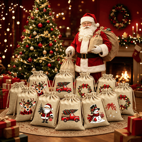 Christmas Drawstring Gift Bags – Festive Santa & Reindeer Prints, Double Drawstring Closure & Durable Fabric – Holiday Cheer in Every Gift