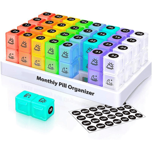 Monthly AM PM Pill Organizer – Twice-a-Day Medicine & Vitamin Storage with Stickers