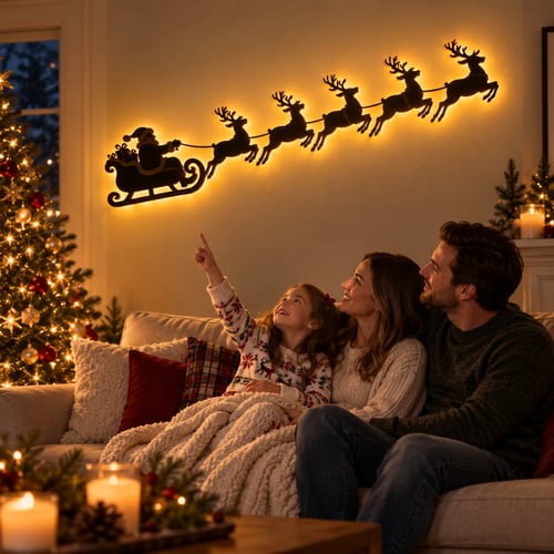 Santa Sleigh & 6 Reindeer LED Wall Display – Warm Christmas Glow