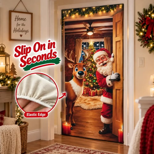 Santa Christmas Door Cover with Elastic Edges Reusable Holiday Decor