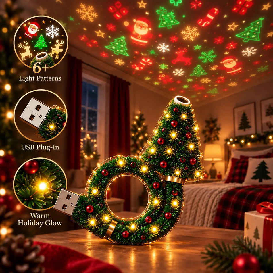 Christmas Projector Night Light, Plug and Play Hd USB Christmas Tree Projector with 6 Festive Scenes, 360° Adjustable